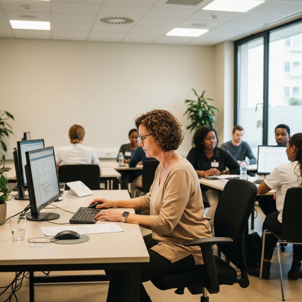 Nederlandse zorgdocent achter computer in trainingsruimte