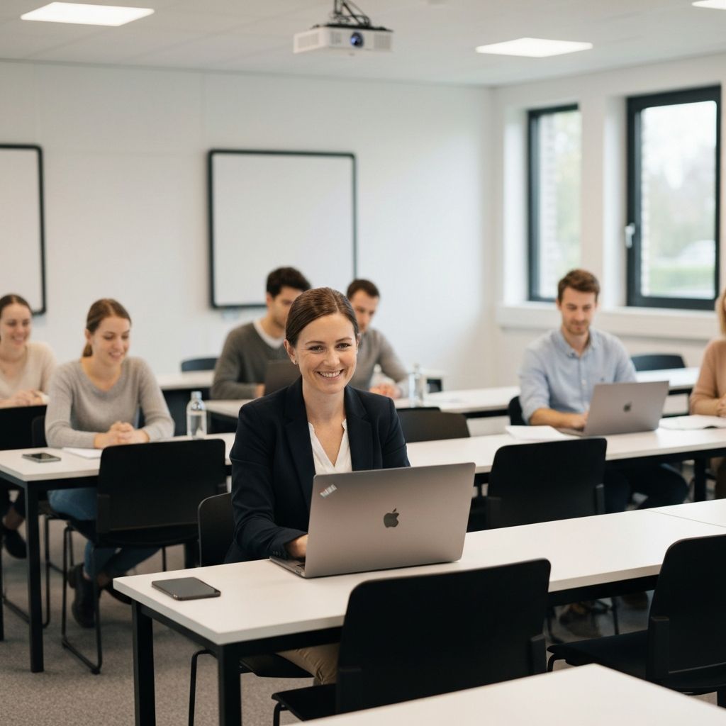 Nederlandse trainster werkt aan certificaten op laptop in modern klaslokaal
