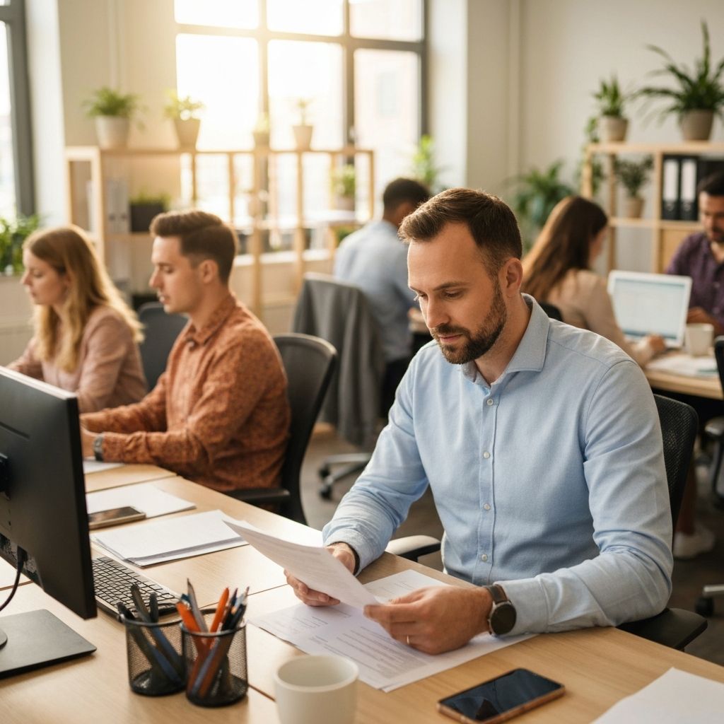 HR-professional bekijkt documenten aan bureau in Nederlands kantoor